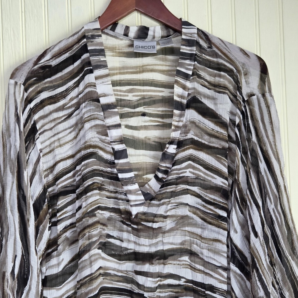Chico's Blouse Womens 3 Brown Striped V Neck 3/4 Sleeve Sheer Silk Tunic Top